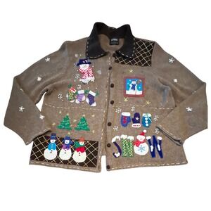 Studio Joy‎ Ugly Christmas Sweater Brown Snowman Button Front Cardigan